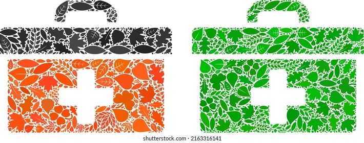 Ecología caja de herramientas de primeros auxilios collage de hojas florales en tingles de color verde y natural. Plantilla de vector de entorno ecológico para el icono del cuadro de herramientas de primeros auxilios.