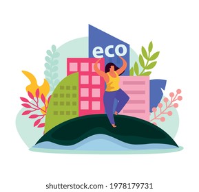 Ecology flat concept with happy character and eco city vector illustration