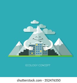 Ecology flat design concept vector. Happy friendly mountain and city houses. Design elements for web and mobile applications, infographics and workflow layout