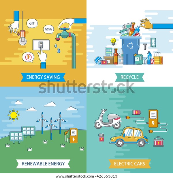 ecology flat design illustration -\
energy saving. recycle. electric cars and renewable\
energy