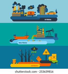 Ecology flat horizontal banner set with air soil water pollution elements isolated vector illustration