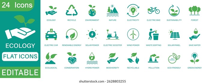 Ecology flat icon set. Environment, sustainability, nature, recycle, renewable energy; electric bike, eco-friendly, forest, wind power, green symbol. perfect icon collection.
