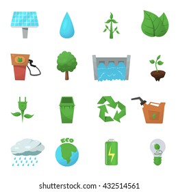 Ecology flat icon set with green plants conservation of nature and eco elements vector illustration