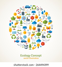 Ecology flat icons arranged in circle. Vector illustration. Hand with sprout, solar energy sign. Save the planet concept.