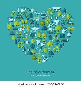 Ecology flat icons arranged in heart. Vector illustration. Hand with sprout, solar energy sign. Save the planet concept.