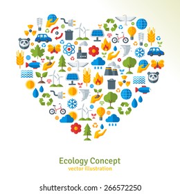 Ecology flat icons arranged in heart. Vector illustration. Hand with sprout, solar energy. Save the planet concept.