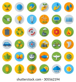 Ecology Flat Icons on Circles with Shadow Isolated on White. Vector illustration. Hand with sprout, solar energy sign, wild animals.