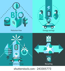 Ecology flat icons set with pollution free alternative energy savings recycling isolated vector illustration