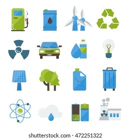 Ecology flat icons set with solar panel wind turbine garbage recycling eco car forests isolated vector illustration 