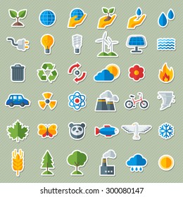 Ecology Flat Icons Stickers Set. Vector illustration. Hand with Sprout, Solar Energy Sign, Wild Animals. Save the Planet.