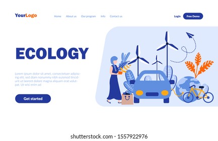 Ecology flat landing page template with header. Environment protection web banner, homepage design. Alternative energy source, ecological transport vector illustration. Eco friendly lifestyle concept