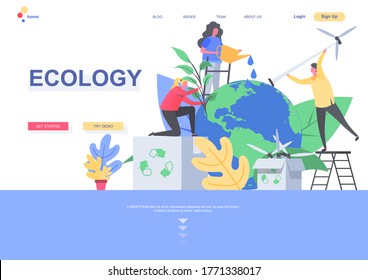 Ecology flat landing page template. People caring about earth planet, watering and planting trees situation. Web page with people characters. Global ecology and clean green energy vector illustration