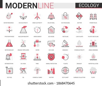 Ecology flat line icon vector illustration set. Red black thin linear design collection of ecosystem environmental resource symbols, eco cars houses, modern green city technology to save environment