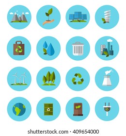 Ecology Flat Set colored icons in circles isolated with equipment and different accessories about ecology vector illustration