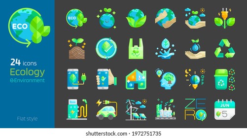 Ecology flat style icon set. Safe earth,water,energy,renewable concept environment day and earth day. Eco friendly design vector illustration.