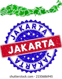 Ecology Flores Island of Indonesia map collage of herbal leaves in green color shades with grunge bicolor Jakarta seal. Red and blue bicolored stamp with grunge surface and Jakarta word.