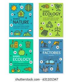 Ecology Flyer Banner Posters Card Template Set witch Outline Icons Eco Business Concept Nature Energy Power. Vector illustration