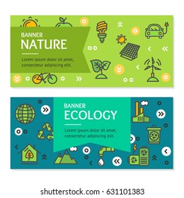 Ecology Flyer Banner Posters Card Horizontal Set witch Outline Icons Recycle Technology and Ecosystem. Vector illustration