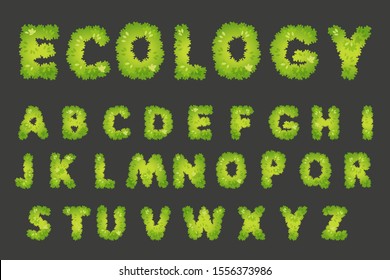 Ecology Font. Vector Image Of The Capital Letters Of The English Alphabet For Design In The Form Of Green Trimmed Topiary Bushes.