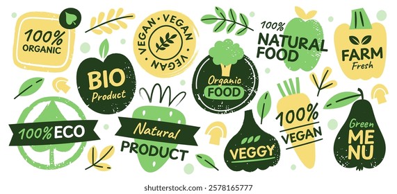 Ecology food, organic bio products, fresh farm meal, green menu, vegan healthy snack hand drawn label, stamp and logo set in retro grunge style. High quality vegetables and fruits vector illustration