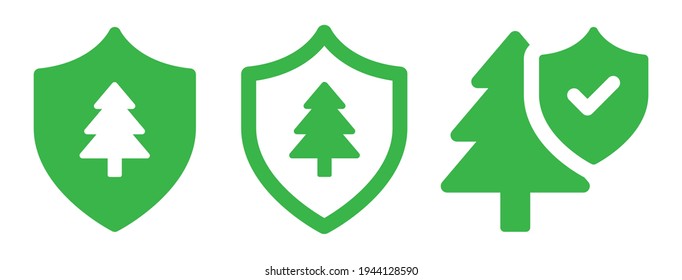 Ecology forest green shield conservation protection icon set illustration.