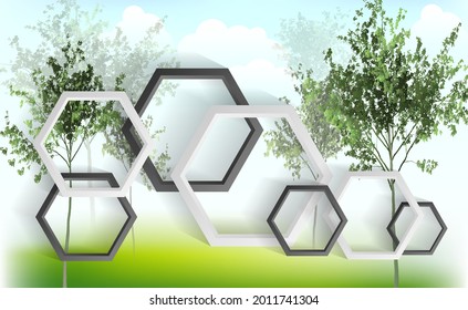 Ecology. Forest landscape with trees. Abstract vector illustration of trees on a light green background with realistic hexagons. A sketch for creativity.