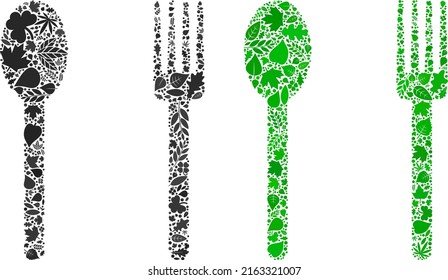 Ecology fork and spoon icon mosaic of floral leaves in green and natural color shades. Ecological environment vector concept for fork and spoon icon.