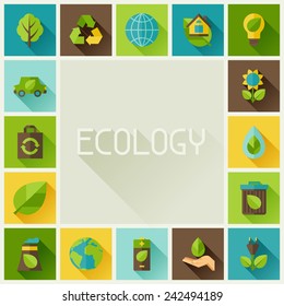 Ecology frame with environment, green energy and pollution icons.