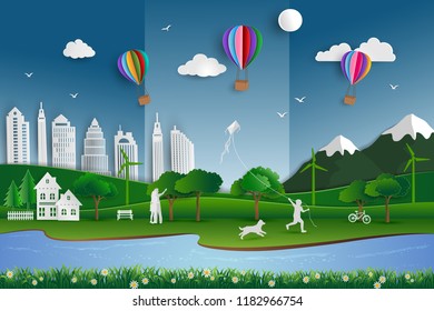 Ecology  friendly city with happy family on paper art scene background,vector illustration