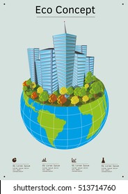 Ecology friendly clean city uses renewable energy. City of the future. Clean city with ecology bulding protect the environment. Ecology city on the globe. Clean buioldings on earth. Ecology concept.