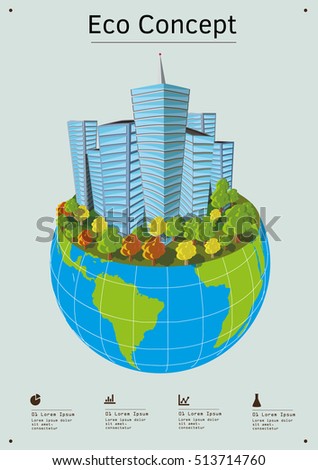 Ecology friendly clean city uses renewable energy. City of the future. Clean city with ecology bulding protect the environment. Ecology city on the globe. Clean buioldings on earth. Ecology concept.