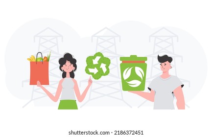 Ökologiefreundliches Konzept. EKO ist ein Team von Menschen, die sich um die Umwelt kümmern. Mode-Trend-Illustration in Vector.
