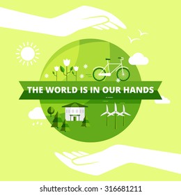 Ecology friendly design with world in hands sun and clouds flat vector illustration 