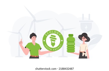 Ecology friendly and green world concept. EKO is a team of people who care about the environment. Fashion trend vector illustration.
