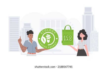 Concepto de mundo ecológico y verde. Gente que se preocupa por el medio ambiente. Ilustración vectorial de moda.
