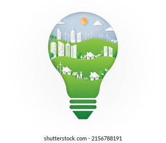 ecology friendly light bulb shape with green city. save ecosystem environment and energy concept. eco friendly world day. sustainable recycled building. Vector illustration paper cut style. 