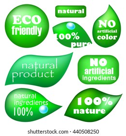 Ecology friendly and natural product vector labels in green, eco leaf in green with text vector icons