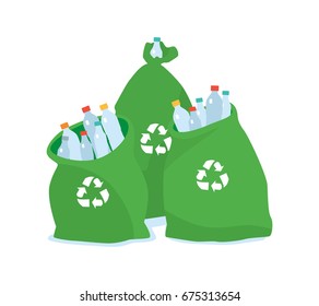 Ecology friendly plastic bag for recycling. Cleaning city. Household waste. Recycling of industrial waste. Vector illustration on white background isolated.