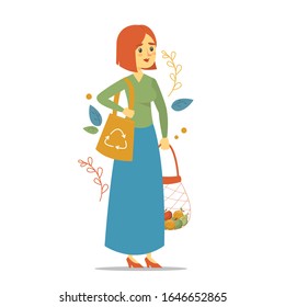Ecology friendly woman vector isolated. Female person with eco bag walking from the shop. Say no to plastic.