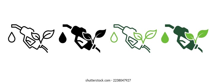 Ecology Gas Station Line and Silhouette Icon Color Set. Fuel Nozzle Eco Power for Transportation Pictogram. Petroleum Energy Pump Symbol Collection on White Background. Isolated Vector Illustration.