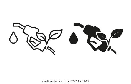 Ecology Gas Station Line and Silhouette Icon Set. Fuel Nozzle Eco Power for Transportation Pictogram. Petroleum Energy Pump Symbol Collection on White Background. Isolated Vector Illustration.