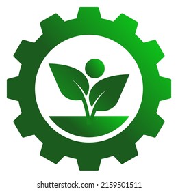 Ecology gear and leaf icon in modern green color style design. Vector illustration isolated on white background.