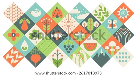 Ecology geometric background. Abstract eco pattern green leaf plant tree branch nature elements, flat botanical simple geometry shapes eco agriculture concept. Vector garden banner.