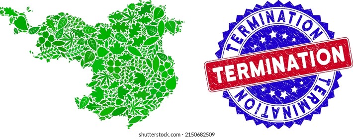 Ecology Gerona Province map collage of herbal leaves in green color hues and grunge bicolor Termination seal. Red and blue bicolored stamp with rubber style and Termination phrase.