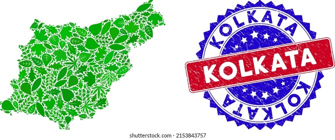 Ecology Gipuzkoa Province map mosaic of herbal leaves in green color shades with grunge bicolor Kolkata seal. Red and blue bicolored badge with grunge texture and Kolkata phrase.