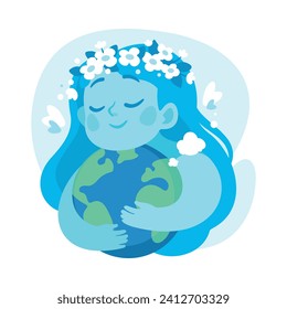 Ecology with Girl Character Embrace Earth Globe Enjoy Sustainable Lifestyle Vector Illustration