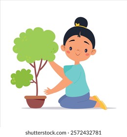 Ecology with Girl Character Planting Tree Save Planet Vector Illustration