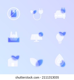 ecology glass morphism trendy style icon set. eco transparent glass color vector icons with blur and purple gradient. for web and ui design, mobile apps and promo business polygraphy