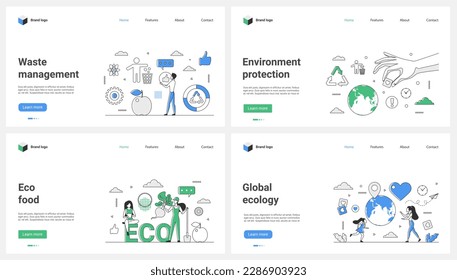 Ecology, global sorting and distribution of waste, eco food, environment protection set vector illustration. Cartoon tiny people develop environmental awareness in community, recycle garbage