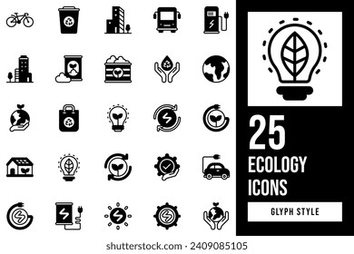 Ecology Glyph Icon Set. Containing efficiency, conservation, environmental, factory, eco, electricity, earth, control, power, electric, charge, ecology, bus, bicycle, bag, energy, bulb, light.
